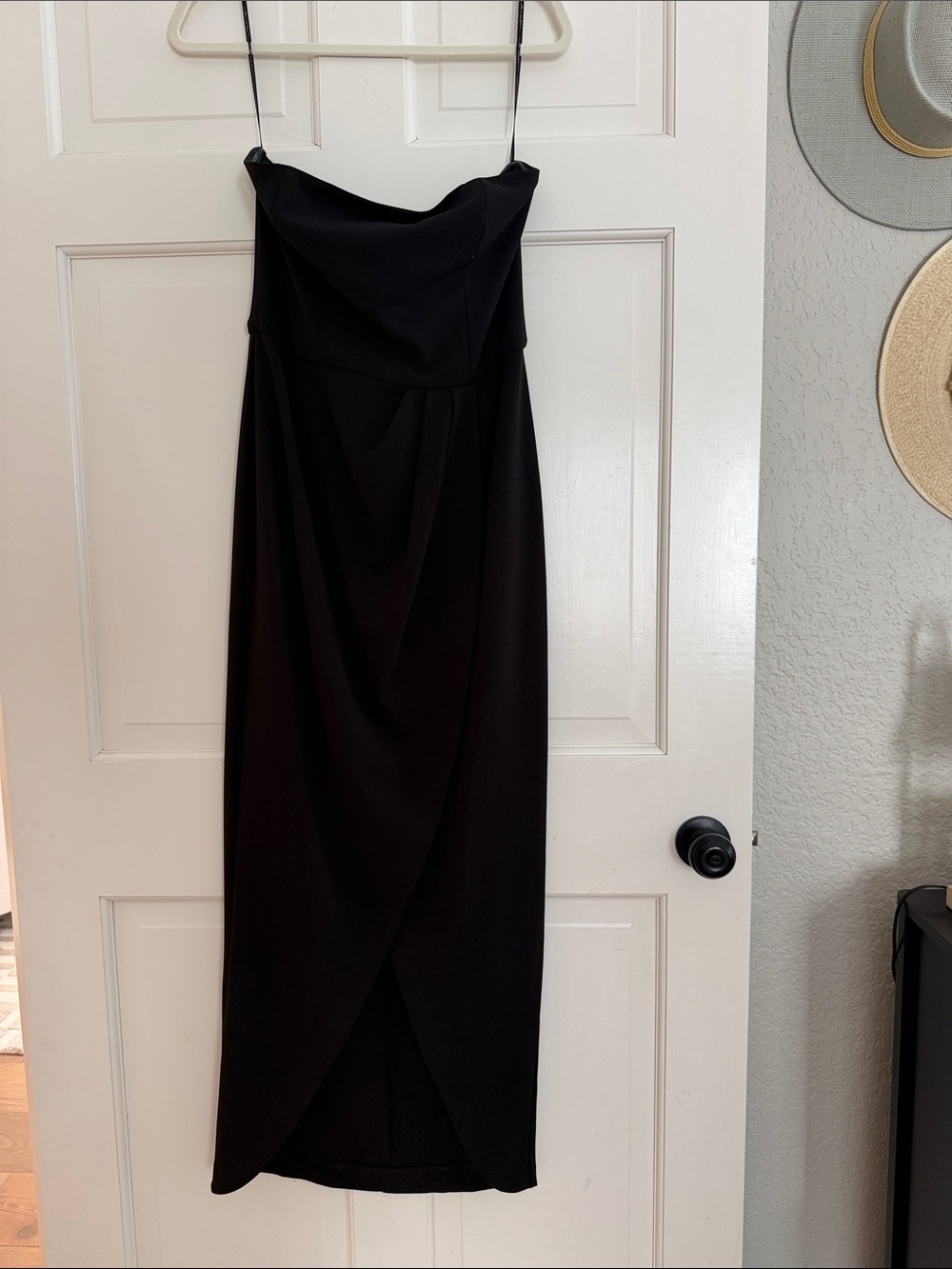 Wayf Black Strapless Draped Midi Dress